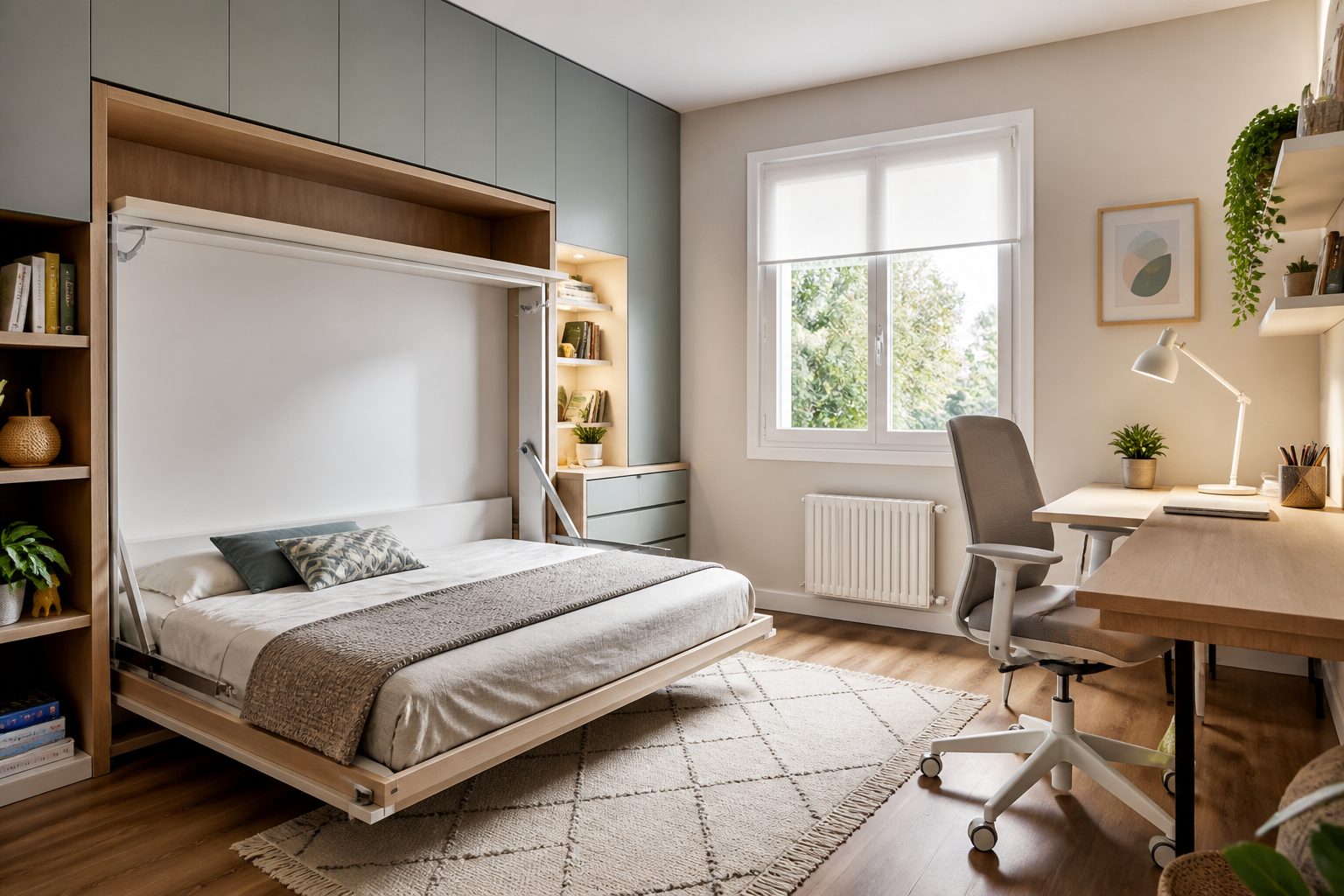 Ideas para decorar una habitación juvenil con cama abatible y zona de estudio
